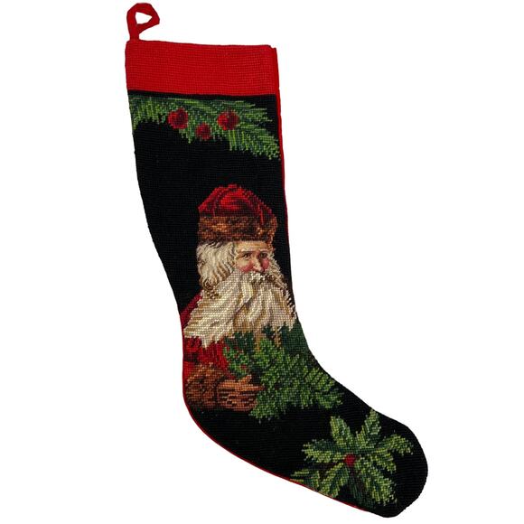 Vintage Imperial Elegance Needlepoint Wool Stocking Father Christmas Black Red - Picture 1 of 5